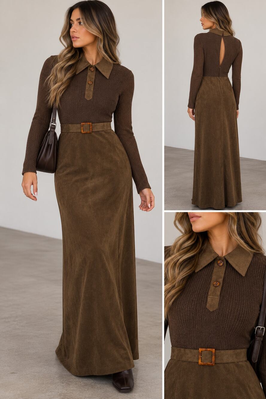 Vintage Bianco Couture Dress Size 9 Brown Knit Faux Suede Belted Maxi 90s